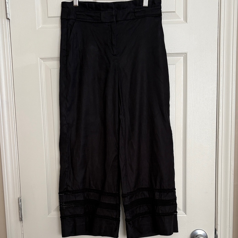 WHBM Classic Wide Leg Crop Pants Embroidered Details Crochet Linen Lyocell XS